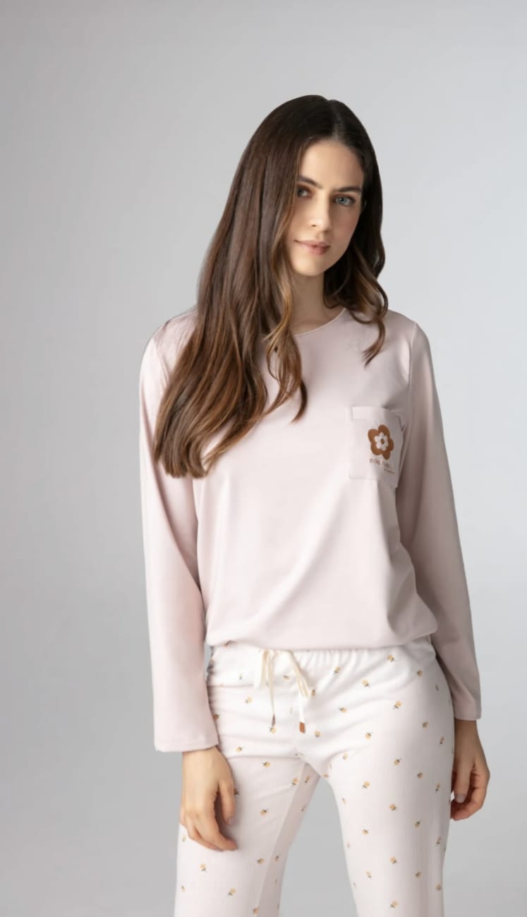 Pijama feminino adulto manga longa em malha PV - Imagem 2